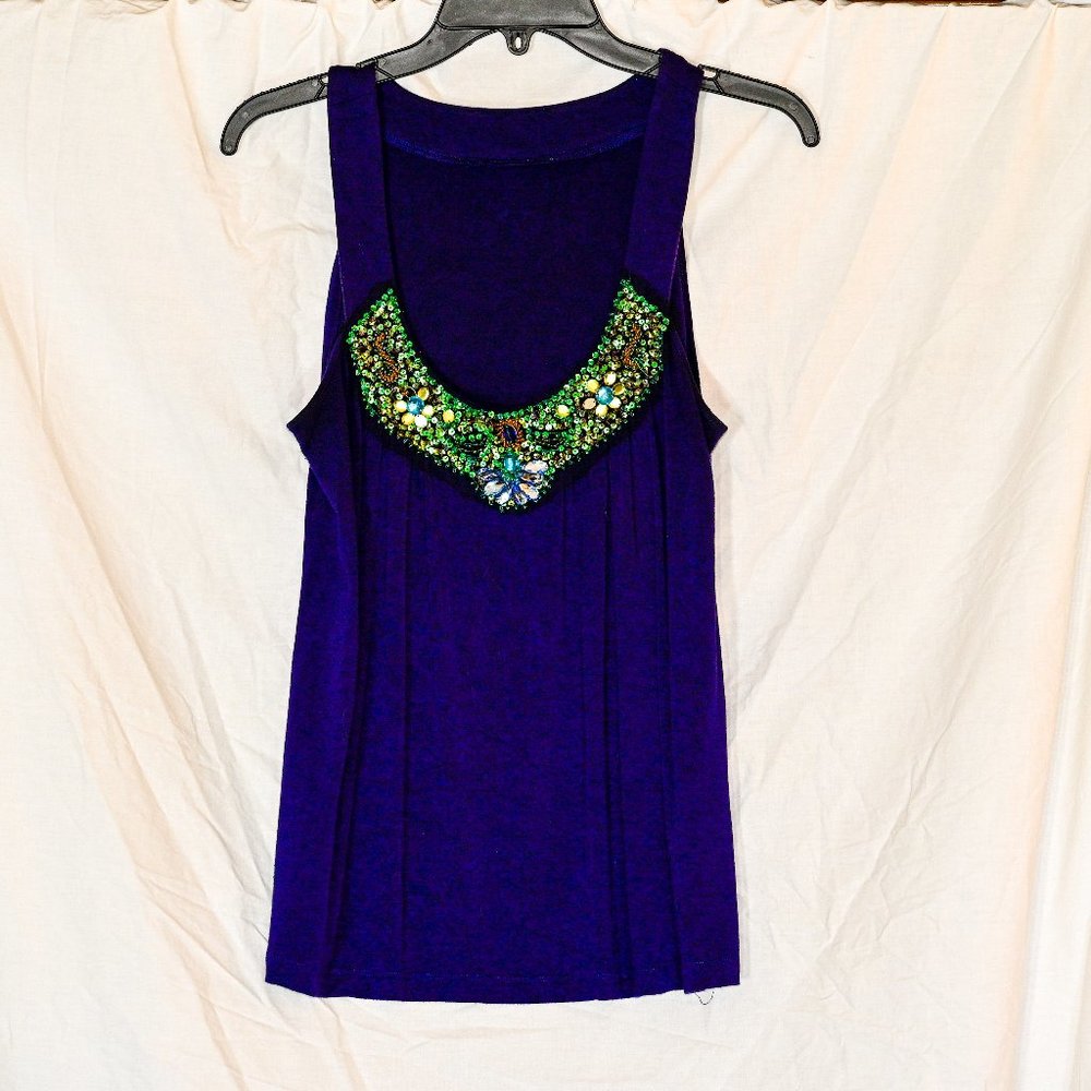 Cobalt blue sleeveless blouse, size large L, sequined neckline accent